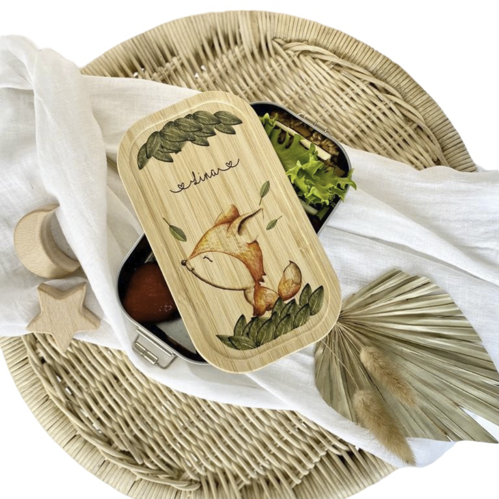 Brotdose mit Namen für Mädchen u. Jungen | Wählbar in Edelstahl | Lunchbox mit Motiv "Fuchs" | Personalisiertes Geschenk für Kinder