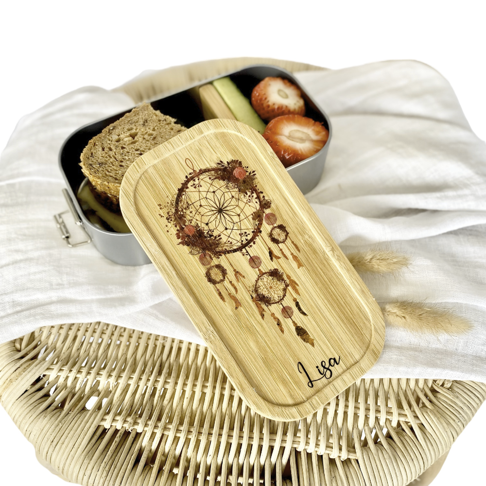 Brotdose "Traumfänger" mit Bambusdeckel und Namen für Frauen | Lunchbox mit Traumfänger | Wählbar in Edelstahl | Personalisierte Geschenkidee fürs Büro, Freizeit, Reisen, Achtsamkeit