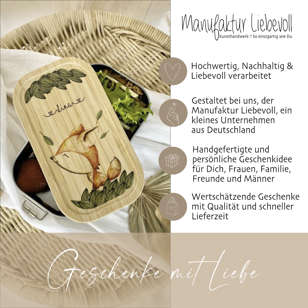 Brotdose mit Namen für Mädchen u. Jungen | Wählbar in Edelstahl | Lunchbox mit Motiv "Fuchs" | Personalisiertes Geschenk für Kinder
