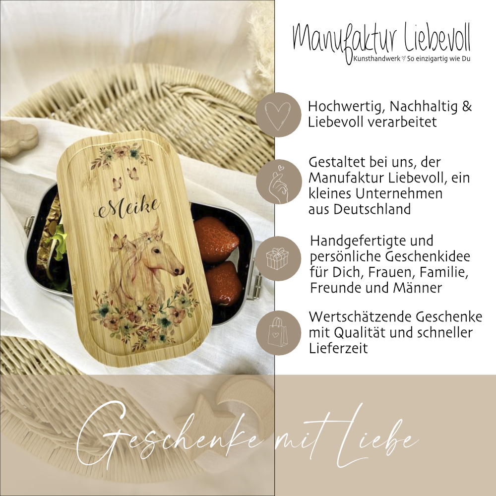 Brotdose "Einhorn" mit Bambusdeckel und Namen für Mädchen und Jungen | wählbar in Edelstahl | Lunchbox mit Einhornmotiv | Personalisierte Geschenkidee für Kinder
