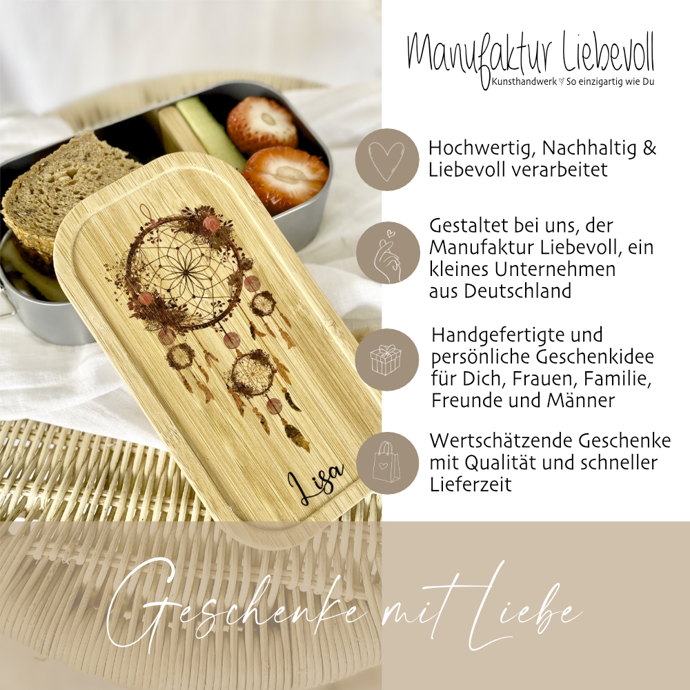 Brotdose "Traumfänger" mit Bambusdeckel und Namen für Frauen | Lunchbox mit Traumfänger | Wählbar in Edelstahl | Personalisierte Geschenkidee fürs Büro, Freizeit, Reisen, Achtsamkeit