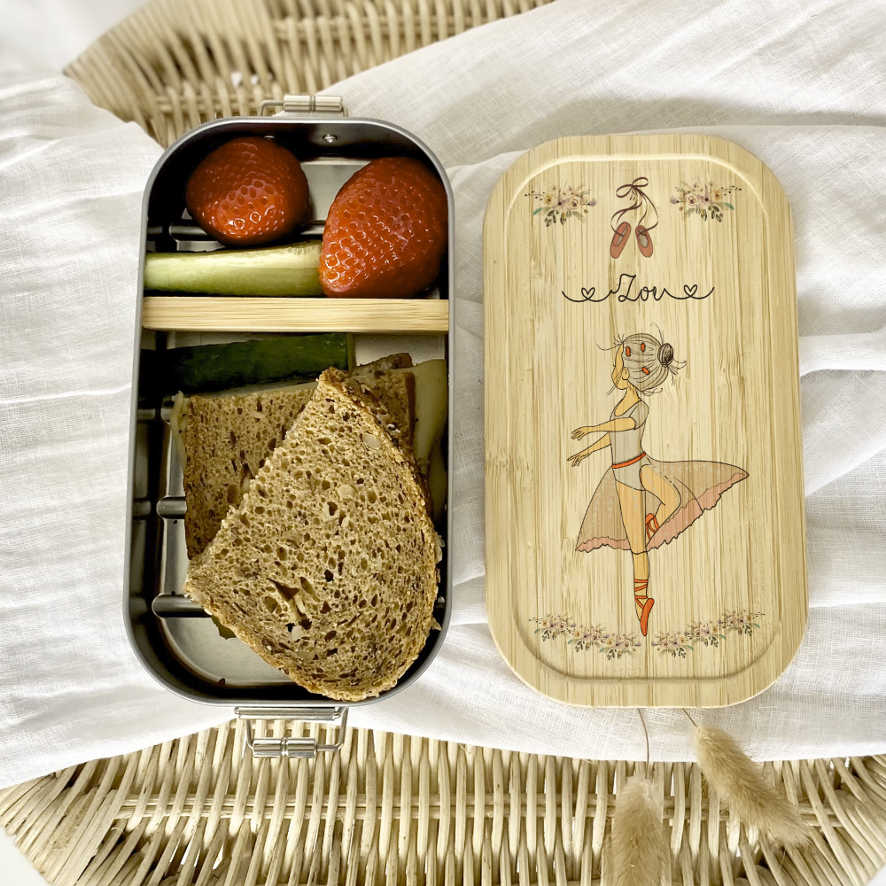 Brotdose mit Namen für Mädchen und Jungen | Lunchbox mit Motiv "Ballerina" | Wählbar in Edelstahl | Personalisiertes Geschenk zum Thema Ballett
