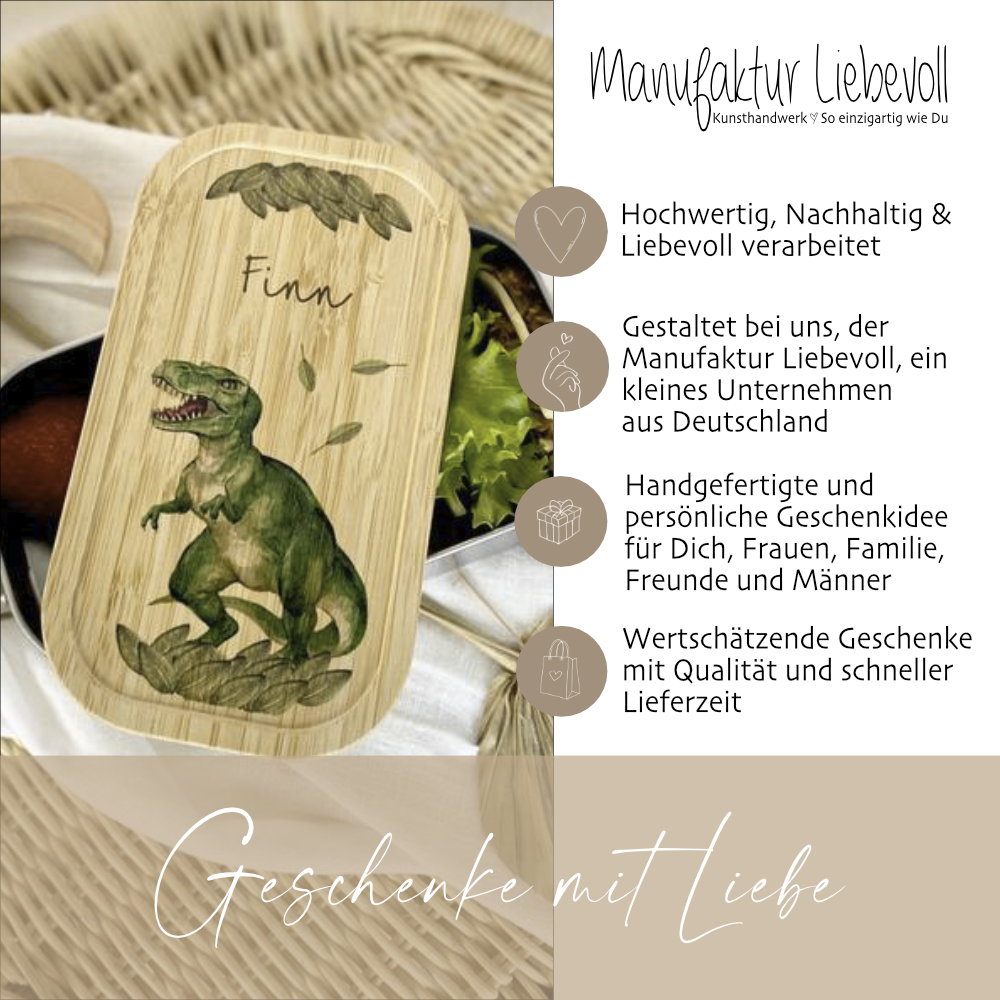 Brotdose "Dino" wählbar in Edelstahl mit Bambusdeckel und Namen für Kinder | Wählbar in Edelstahl | Lunchbox mit Dinosaurier | Personalisiertes Geschenk für Kinder