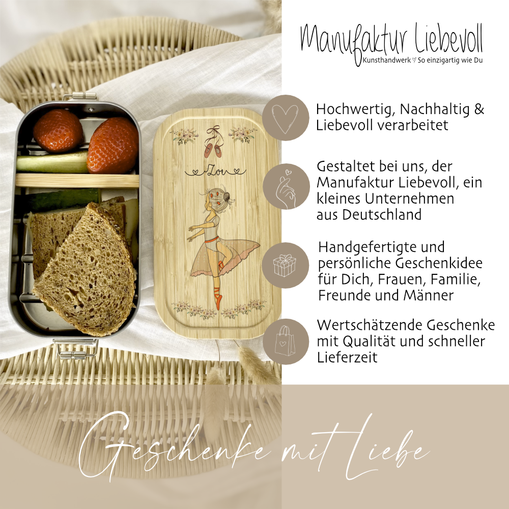 Brotdose mit Namen für Mädchen und Jungen | Lunchbox mit Motiv "Ballerina" | Wählbar in Edelstahl | Personalisiertes Geschenk zum Thema Ballett