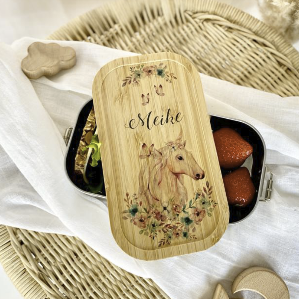 Brotdose "Einhorn" mit Bambusdeckel und Namen für Mädchen und Jungen | wählbar in Edelstahl | Lunchbox mit Einhornmotiv | Personalisierte Geschenkidee für Kinder