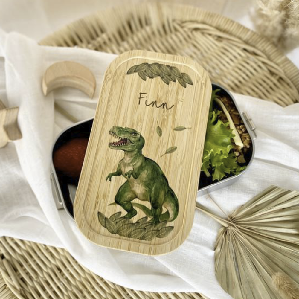 Brotdose "Dino" wählbar in Edelstahl mit Bambusdeckel und Namen für Kinder | Wählbar in Edelstahl | Lunchbox mit Dinosaurier | Personalisiertes Geschenk für Kinder