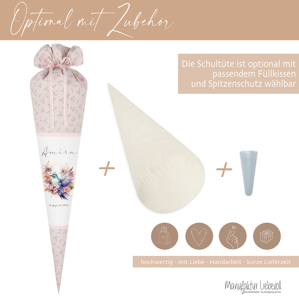 Blumen Zuckertüte mit Namen und Vogel für Mädchen