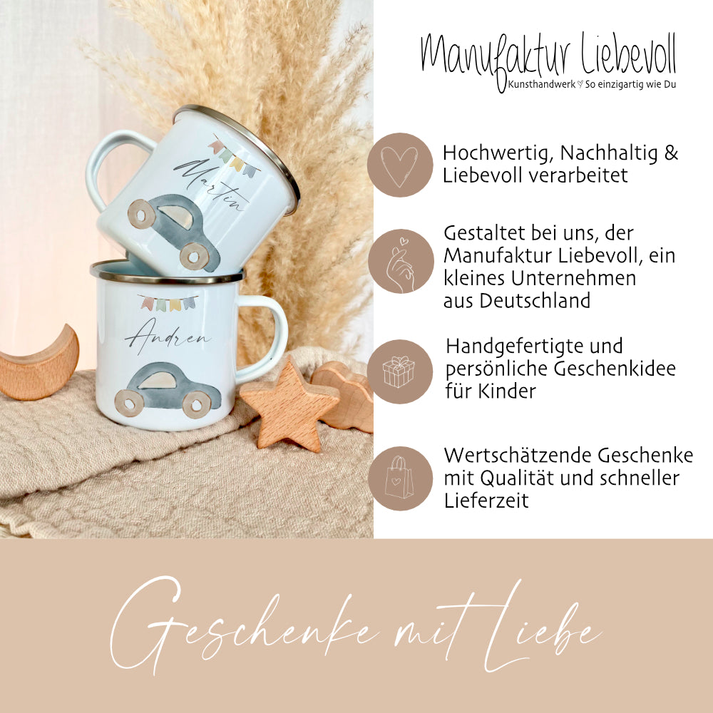 Personalisierte Kindertasse aus Emaille mit einem Auto