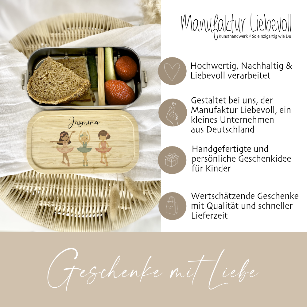 Brotdose "Ballett" wählbar in Edelstahl mit Bambusdeckel und Namen für Kinder | Lunchbox "Ballerina" | Personalisiertes Geschenk für Kinder