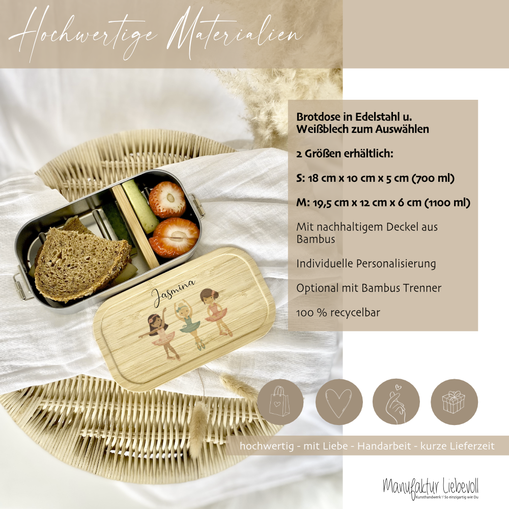 Brotdose "Ballett" wählbar in Edelstahl mit Bambusdeckel und Namen für Kinder | Lunchbox "Ballerina" | Personalisiertes Geschenk für Kinder