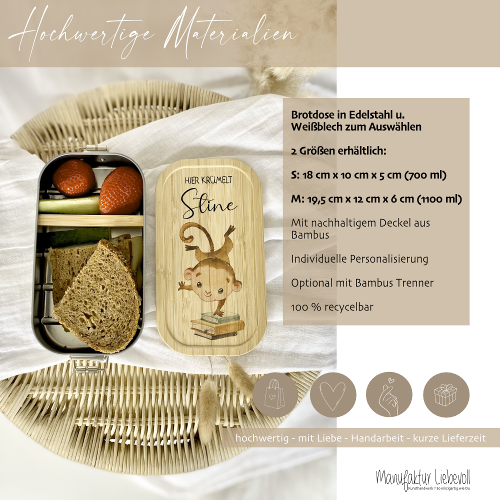 Lunchbox "Affe" wählbar in Edelstahl mit Bambusdeckel und Namen für Kinder | Brotdose mit Affenmotiv | Personalisiertes Geschenk für Kinder