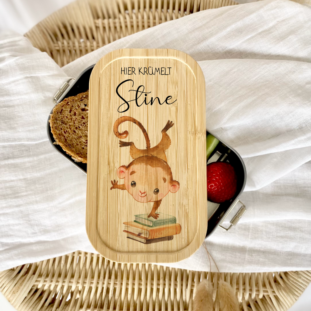 Lunchbox "Affe" wählbar in Edelstahl mit Bambusdeckel und Namen für Kinder | Brotdose mit Affenmotiv | Personalisiertes Geschenk für Kinder
