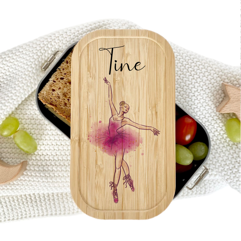 Brotdose "Ballerina" wählbar in Edelstahl mit Bambusdeckel und Namen für Kinder | Lunchbox "Ballett" | Personalisiertes Geschenk für Kinder