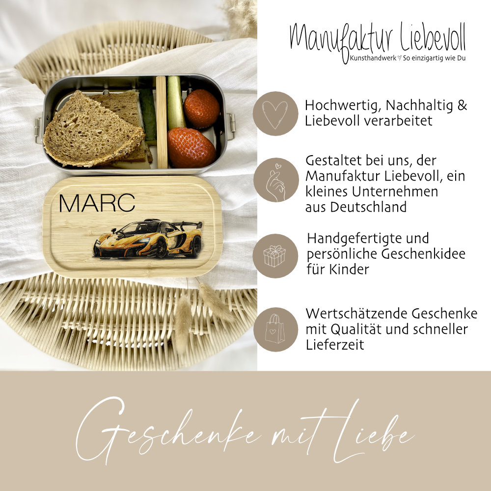 Lunchbox "Rennauto" wählbar in Edelstahl mit Bambusdeckel und Namen für Kinder | Brotdose mit Auto Rennwagen Sportwagen Motiv | Personalisiertes Geschenk für Kinder