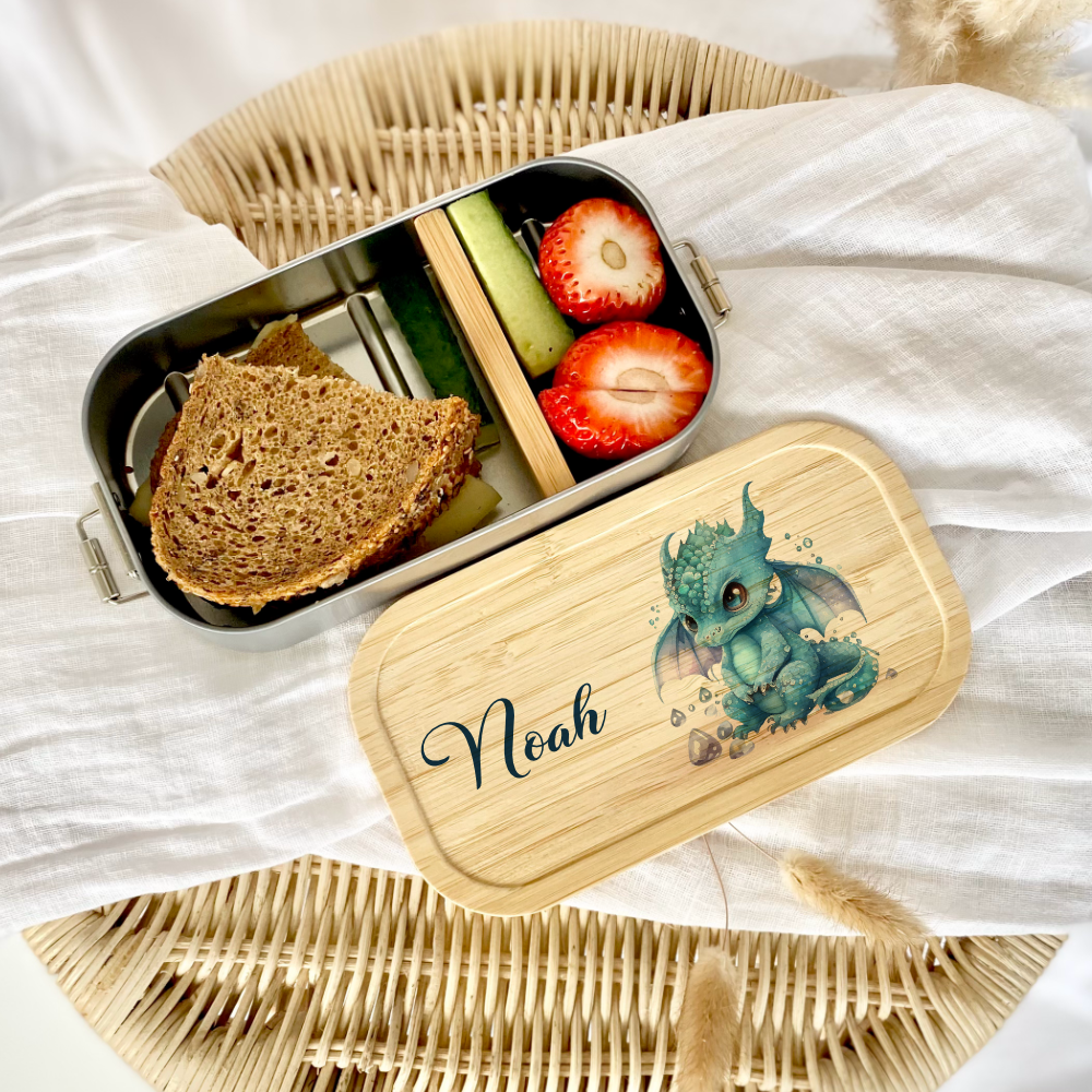 Brotdose "Blauer Drache" wählbar in Edelstahl mit Bambusdeckel und Namen für Kinder | Lunchbox "Fabelwesen" | Personalisiertes Geschenk für Kinder