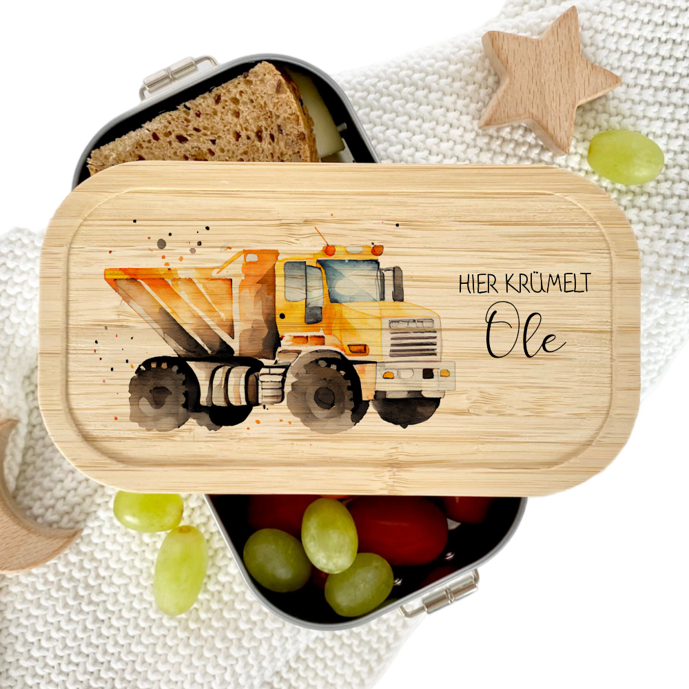 Lunchbox "LKW" wählbar in Edelstahl mit Bambusdeckel und Namen für Kinder | Brotbox mit Kipper, Baufahrzeug Motiv | Personalisiertes Geschenk für Kinder