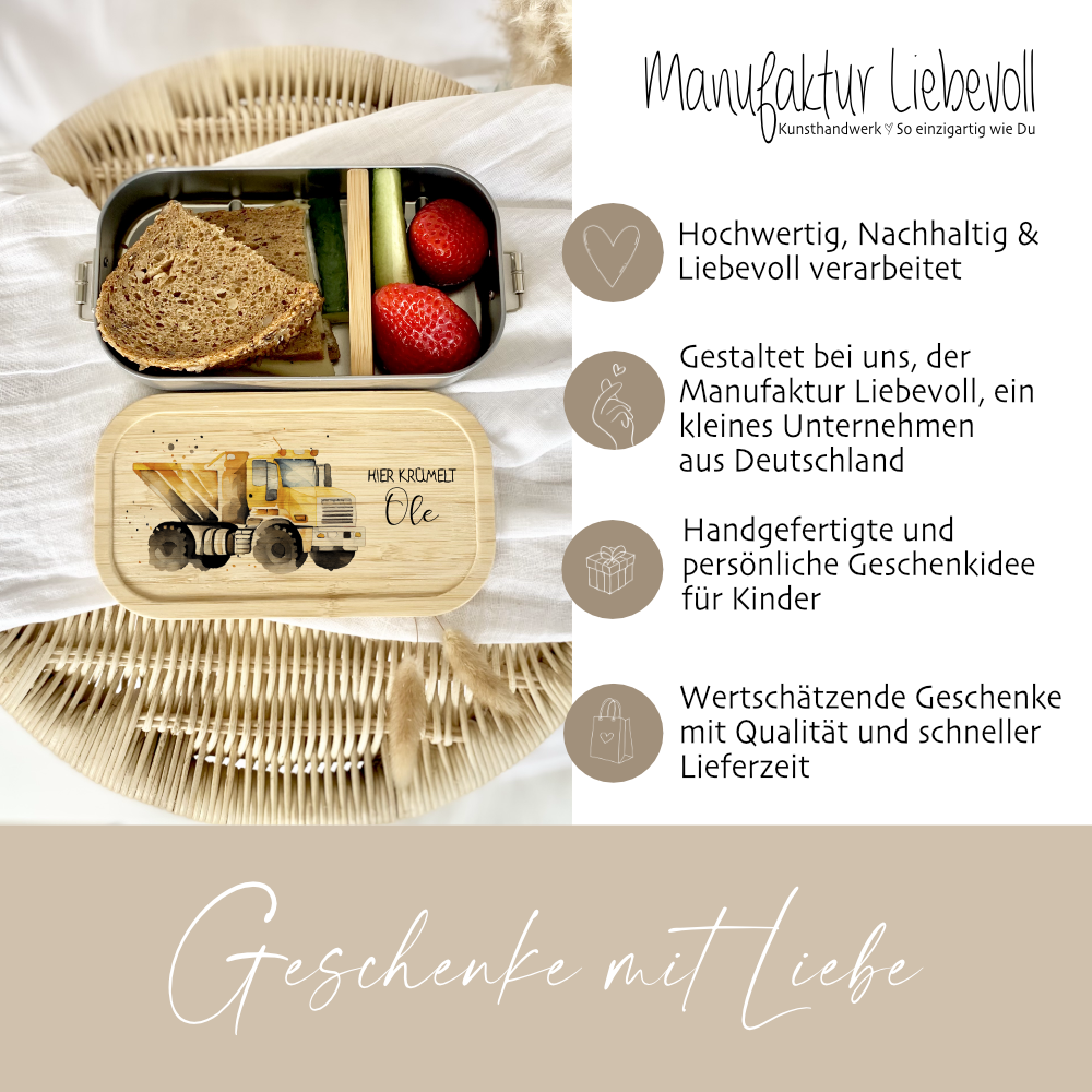 Lunchbox "LKW" wählbar in Edelstahl mit Bambusdeckel und Namen für Kinder | Brotbox mit Kipper, Baufahrzeug Motiv | Personalisiertes Geschenk für Kinder