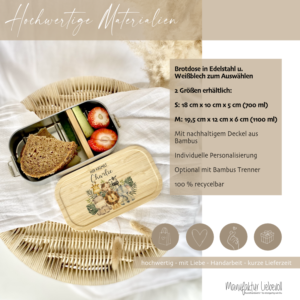 Lunchbox "Safari Tiere" wählbar in Edelstahl mit Bambusdeckel und Namen für Kinder | Brotdose mit Tiermotiv | Personalisiertes Geschenk für Kinder