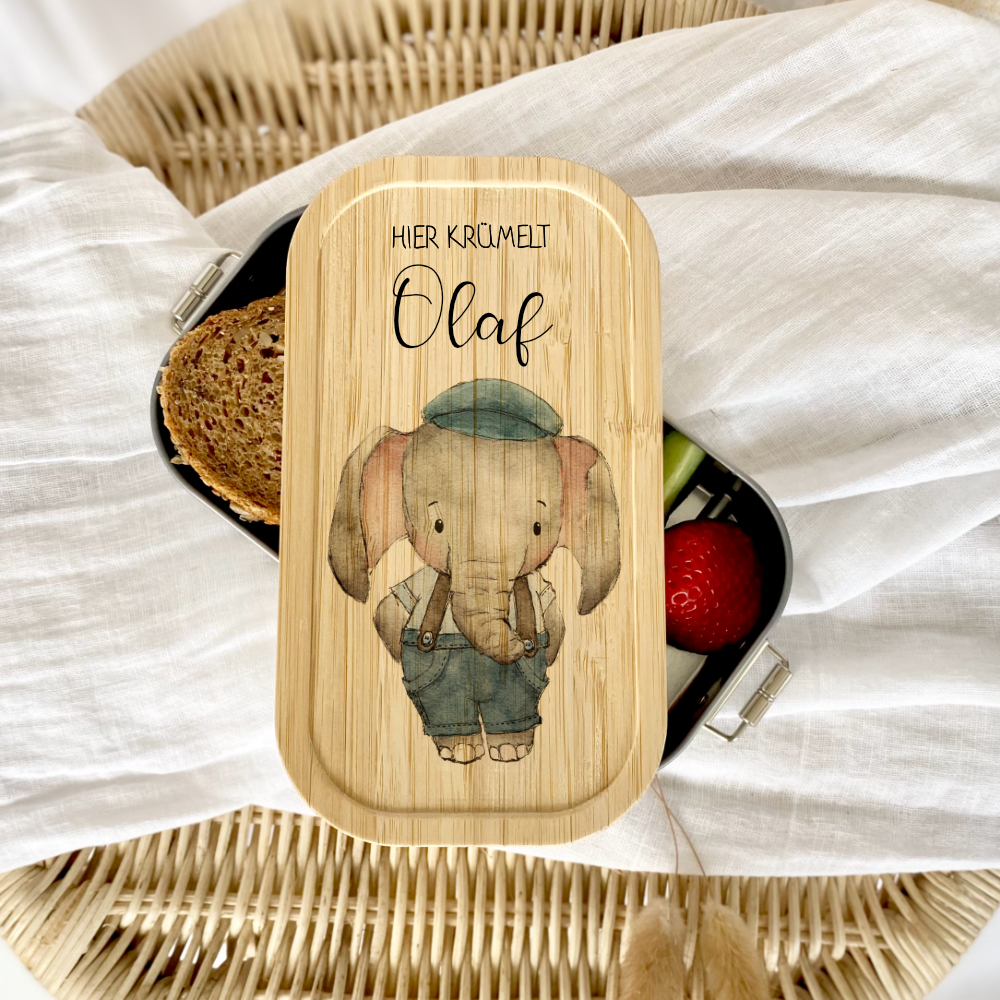 Brotdose "Niedlicher Elefant" wählbar in Edelstahl mit Bambusdeckel und Namen für Kinder | Lunchbox "Tiermotiv" | Personalisiertes Geschenk für Kinder