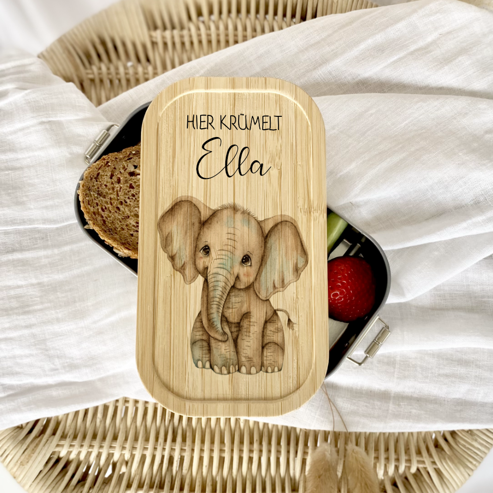 Brotdose "Elefant" wählbar in Edelstahl mit Bambusdeckel und Namen für Kinder | Lunchbox "Elefant" | Personalisiertes Geschenk für Kinder