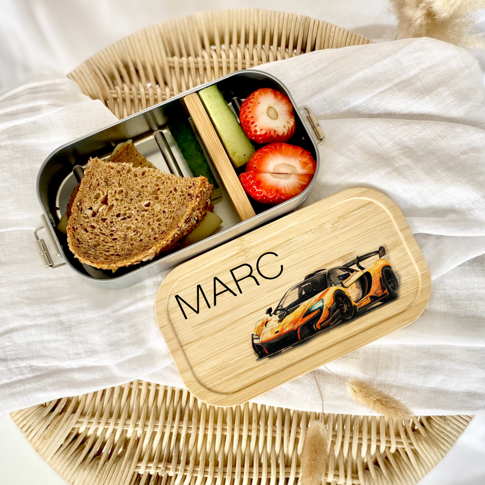 Lunchbox "Rennauto" wählbar in Edelstahl mit Bambusdeckel und Namen für Kinder | Brotdose mit Auto Rennwagen Sportwagen Motiv | Personalisiertes Geschenk für Kinder