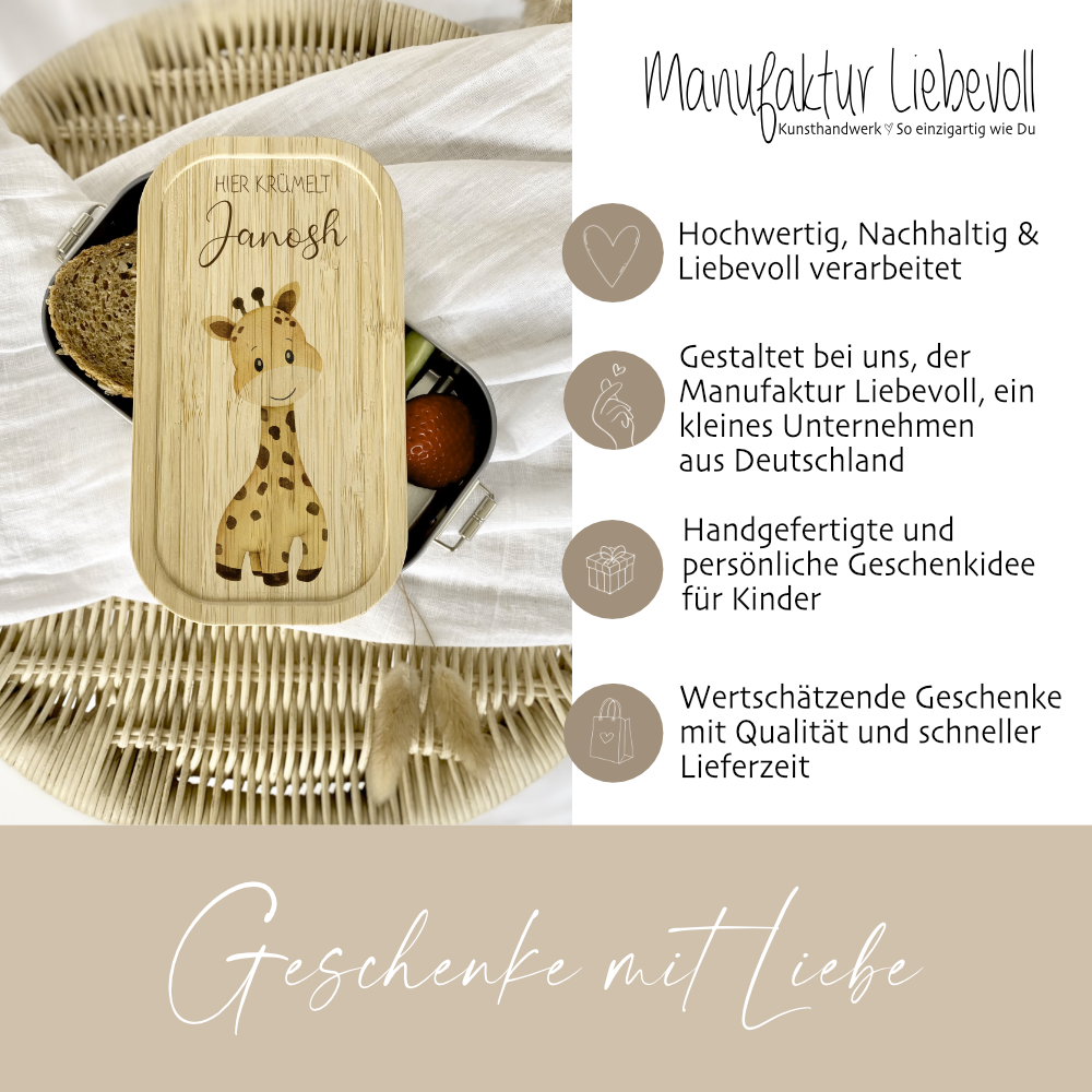 Brotdose "Giraffe" wählbar in Edelstahl mit Bambusdeckel und Namen für Kinder | Lunchbox "Safari" | Personalisiertes Geschenk für Kinder