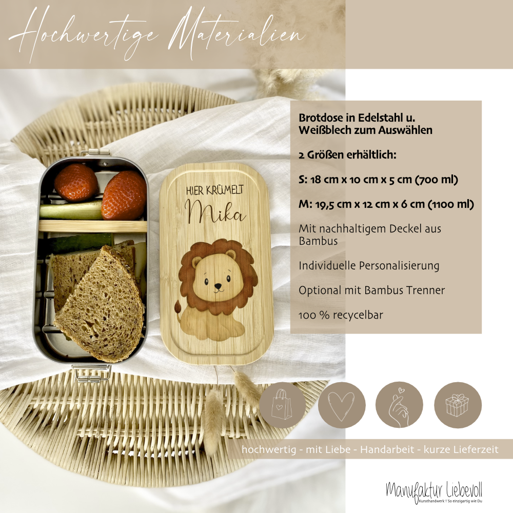 Lunchbox "Löwe" wählbar in Edelstahl mit Bambusdeckel und Namen für Kinder | Brotdose mit Tier Safari Motiv | Personalisiertes Geschenk für Kinder