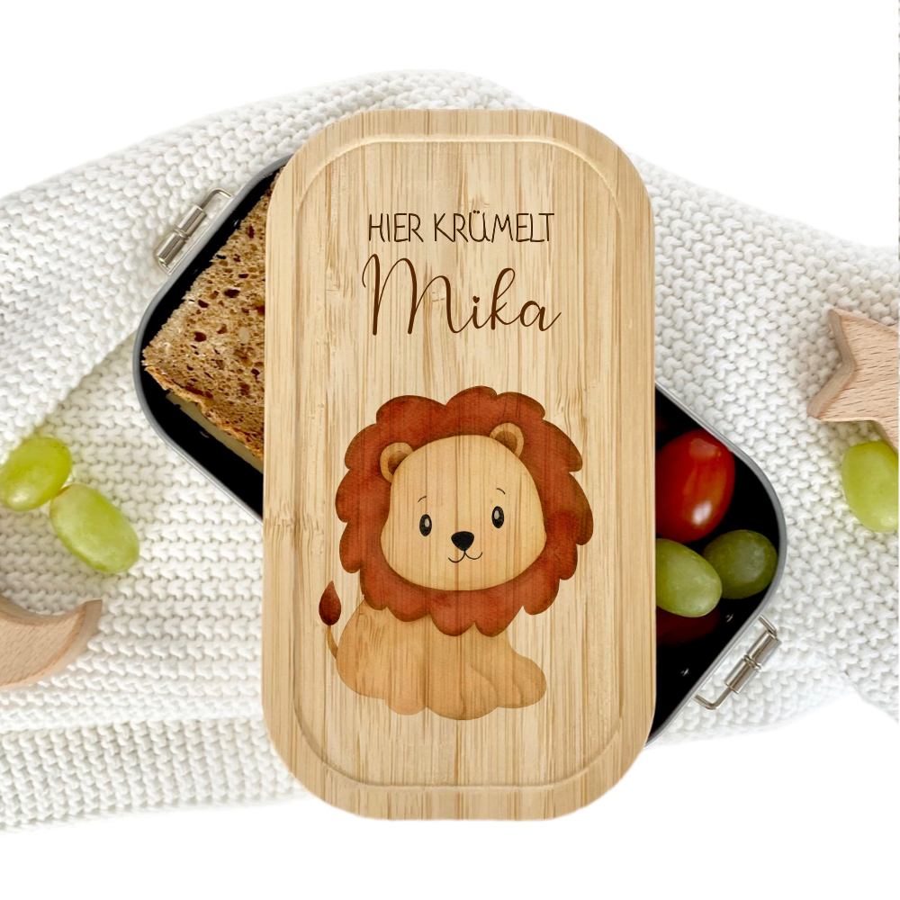 Lunchbox "Löwe" wählbar in Edelstahl mit Bambusdeckel und Namen für Kinder | Brotdose mit Tier Safari Motiv | Personalisiertes Geschenk für Kinder