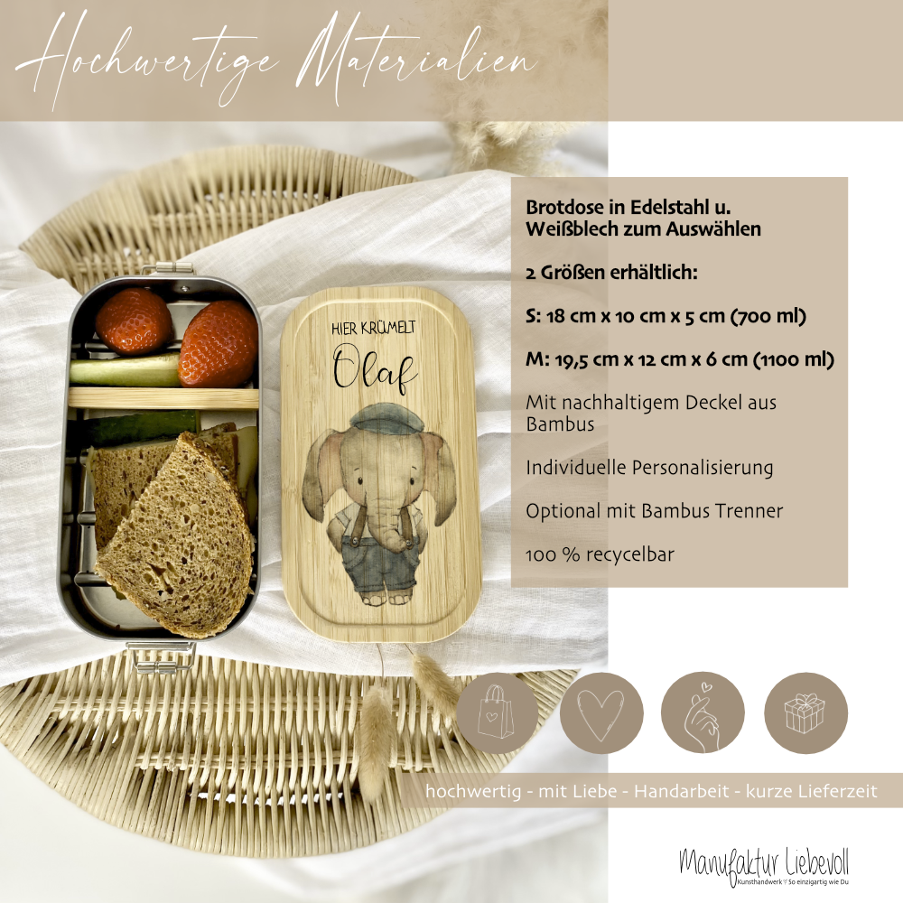 Brotdose "Niedlicher Elefant" wählbar in Edelstahl mit Bambusdeckel und Namen für Kinder | Lunchbox "Tiermotiv" | Personalisiertes Geschenk für Kinder