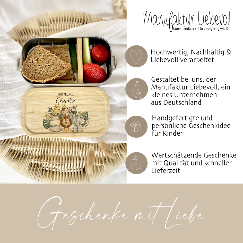 Lunchbox "Safari Tiere" wählbar in Edelstahl mit Bambusdeckel und Namen für Kinder | Brotdose mit Tiermotiv | Personalisiertes Geschenk für Kinder