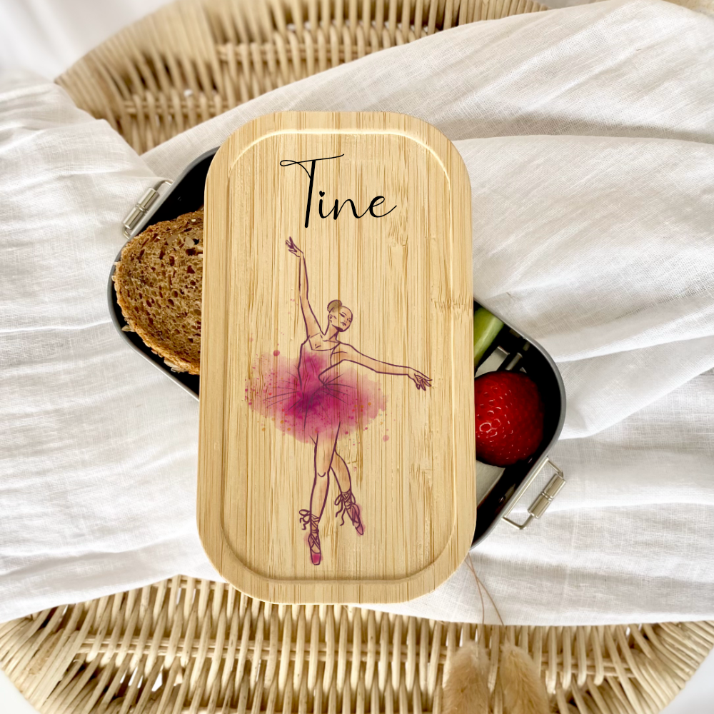 Brotdose "Ballerina" wählbar in Edelstahl mit Bambusdeckel und Namen für Kinder | Lunchbox "Ballett" | Personalisiertes Geschenk für Kinder