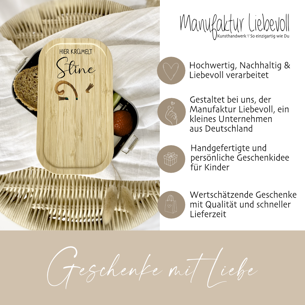 Lunchbox "Affe" wählbar in Edelstahl mit Bambusdeckel und Namen für Kinder | Brotdose mit Affenmotiv | Personalisiertes Geschenk für Kinder