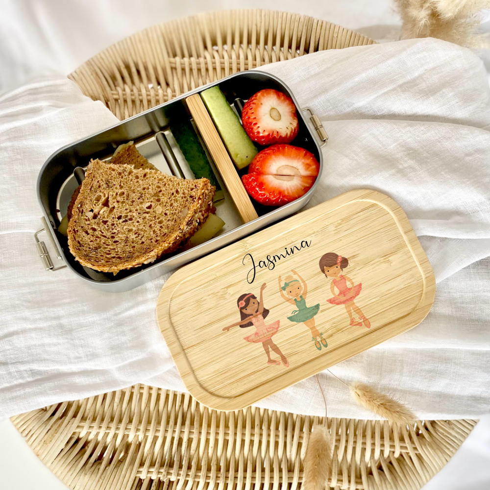 Brotdose "Ballett" wählbar in Edelstahl mit Bambusdeckel und Namen für Kinder | Lunchbox "Ballerina" | Personalisiertes Geschenk für Kinder