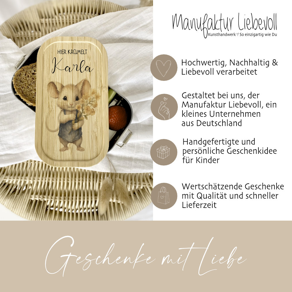 Lunchbox "Maus" wählbar in Edelstahl mit Bambusdeckel und Namen für Kinder | Brotdose mit Maus Motiv | Personalisiertes Geschenk für Kinder