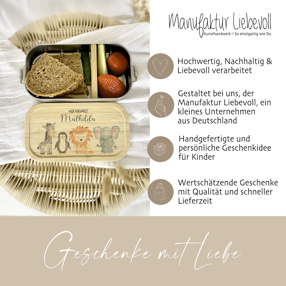 Lunchbox "Aquarell Tiere" wählbar in Edelstahl mit Bambusdeckel und Namen für Kinder | Brotdose mit Tiermotiv | Personalisiertes Geschenk für Kinder