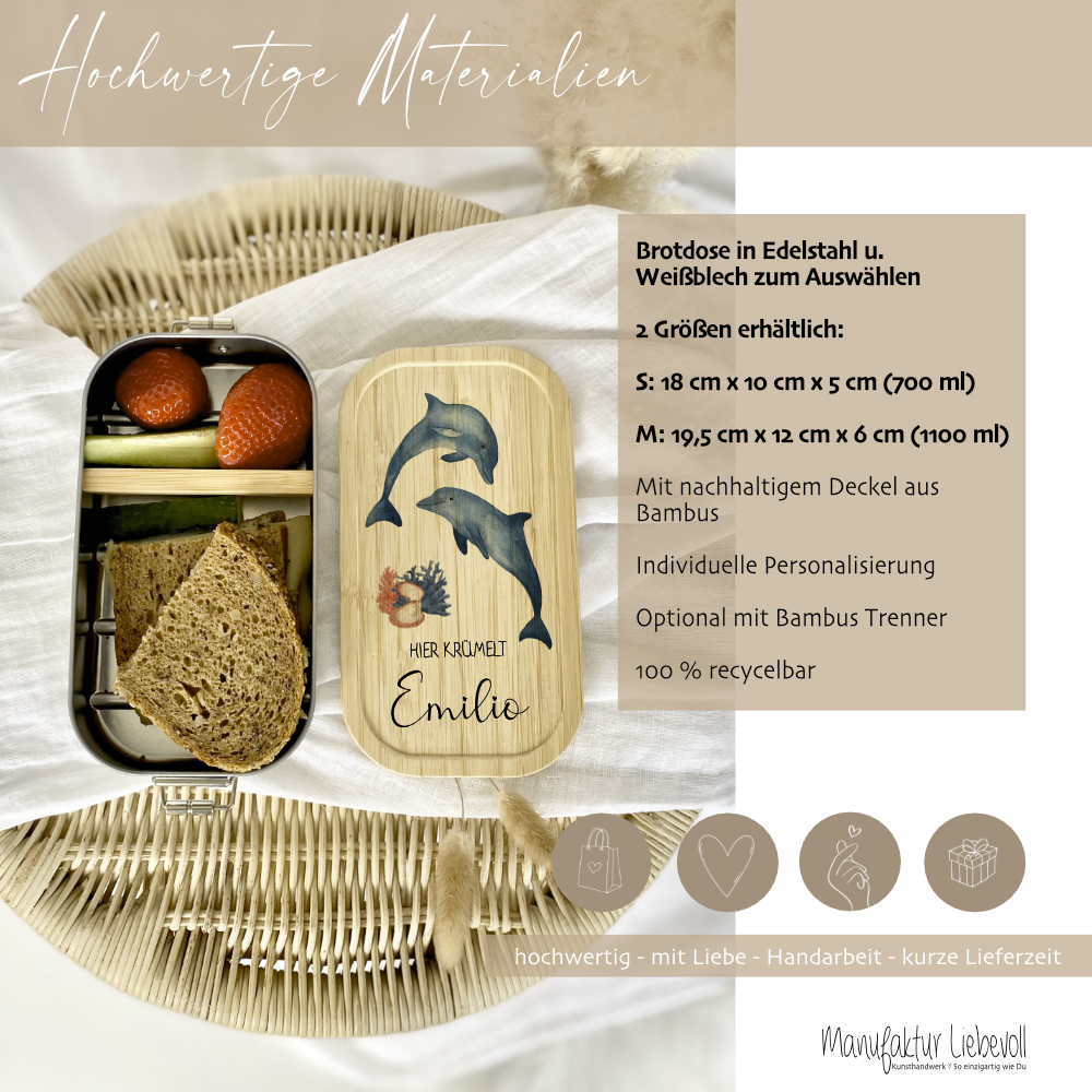 Brotdose "Delfine" wählbar in Edelstahl mit Bambusdeckel und Namen für Kinder | Lunchbox "Meerestiere" | Personalisiertes Geschenk für Kinder