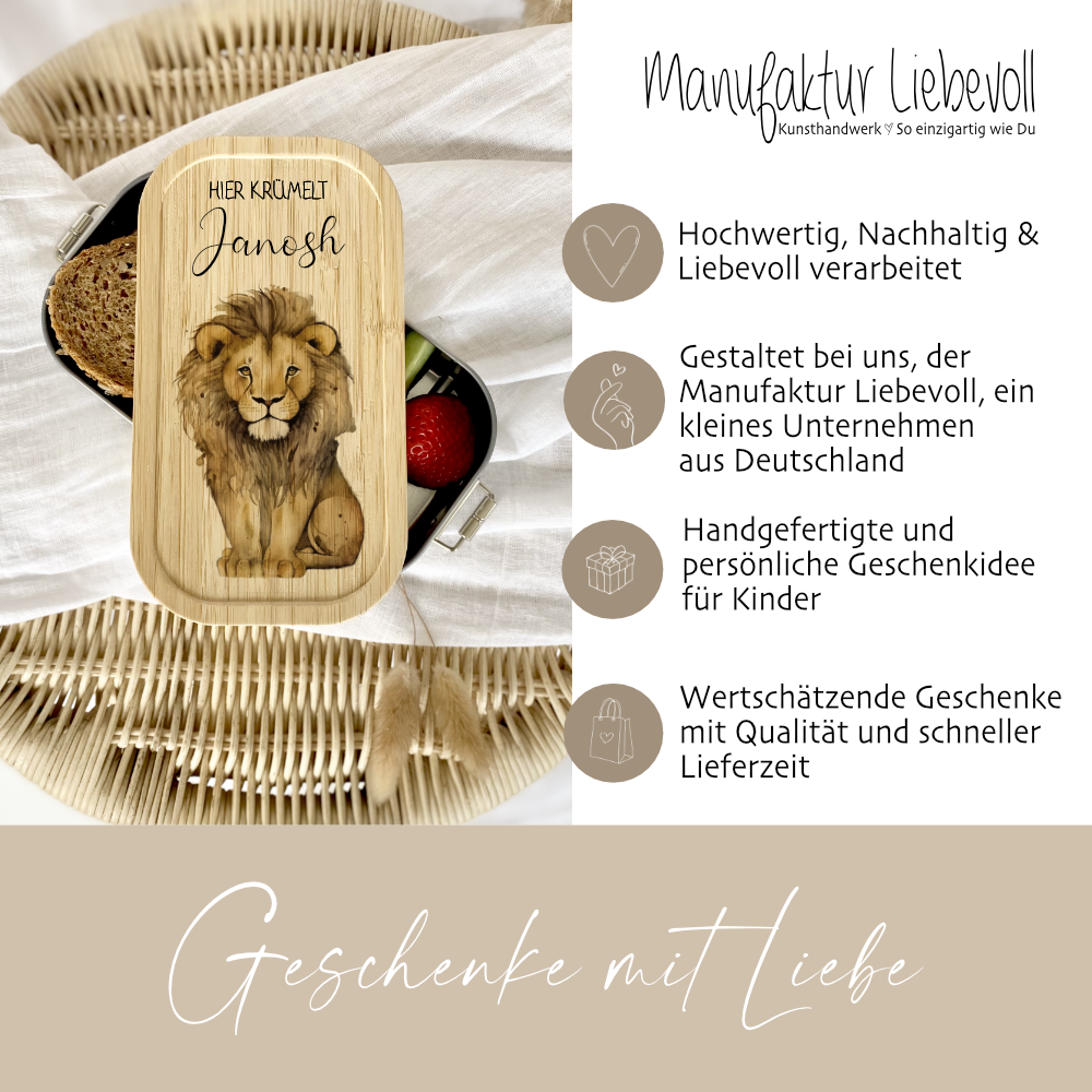 Brotdose "Löwe" wählbar in Edelstahl mit Bambusdeckel und Namen für Kinder | Brotdose mit Tier Safari Motiv | Personalisiertes Geschenk für Kinder