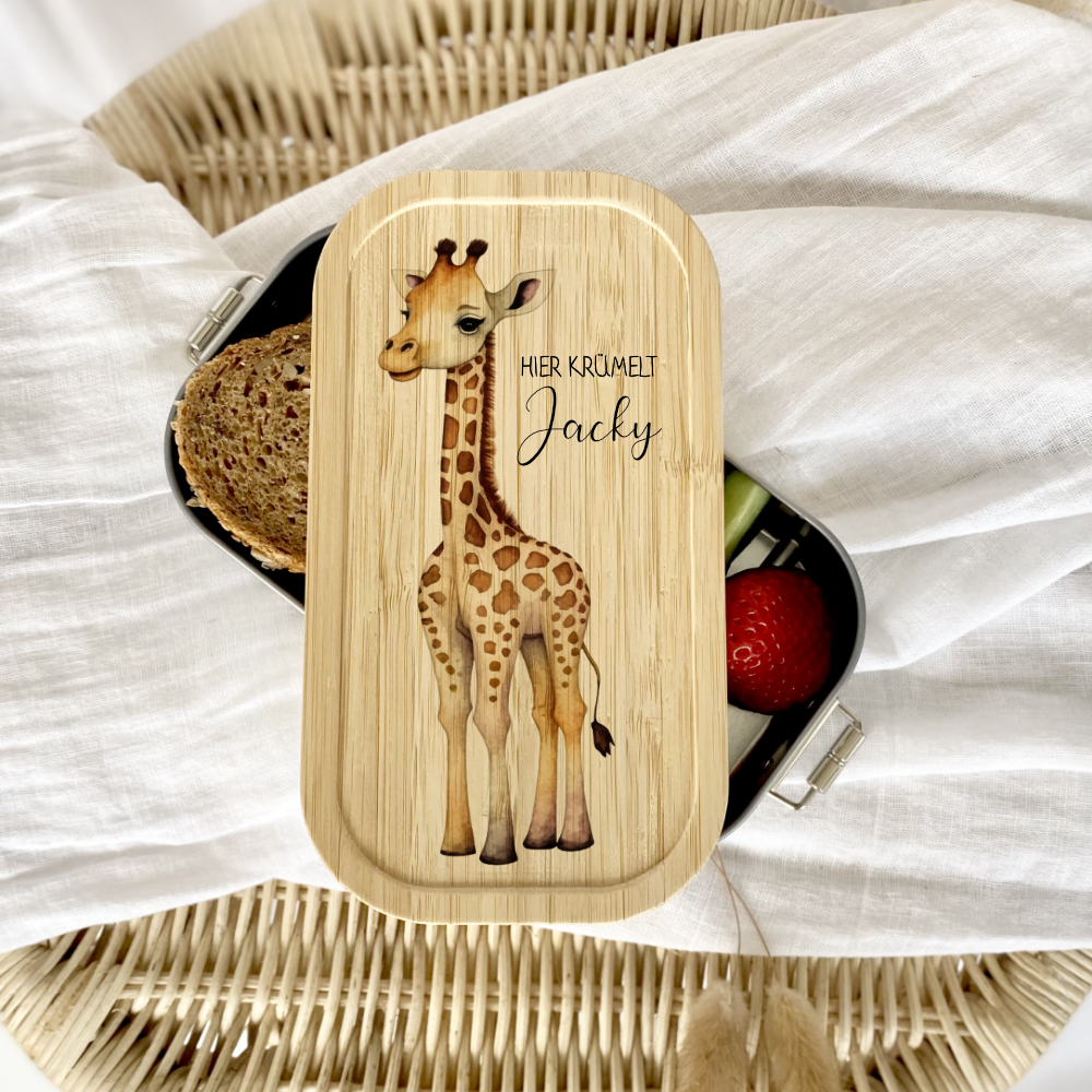 Brotdose "Safari" wählbar in Edelstahl mit Bambusdeckel und Namen für Kinder | Lunchbox "Giraffe" | Personalisiertes Geschenk für Kinder