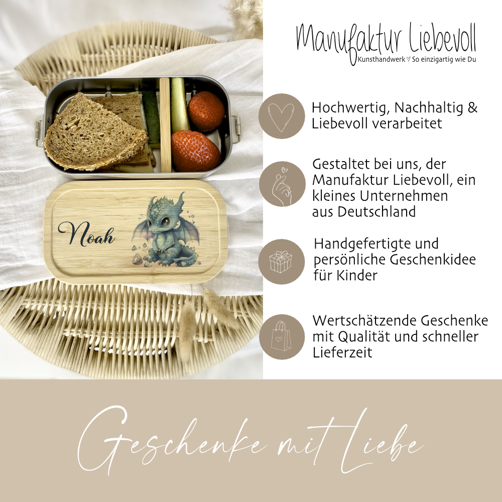Brotdose "Blauer Drache" wählbar in Edelstahl mit Bambusdeckel und Namen für Kinder | Lunchbox "Fabelwesen" | Personalisiertes Geschenk für Kinder
