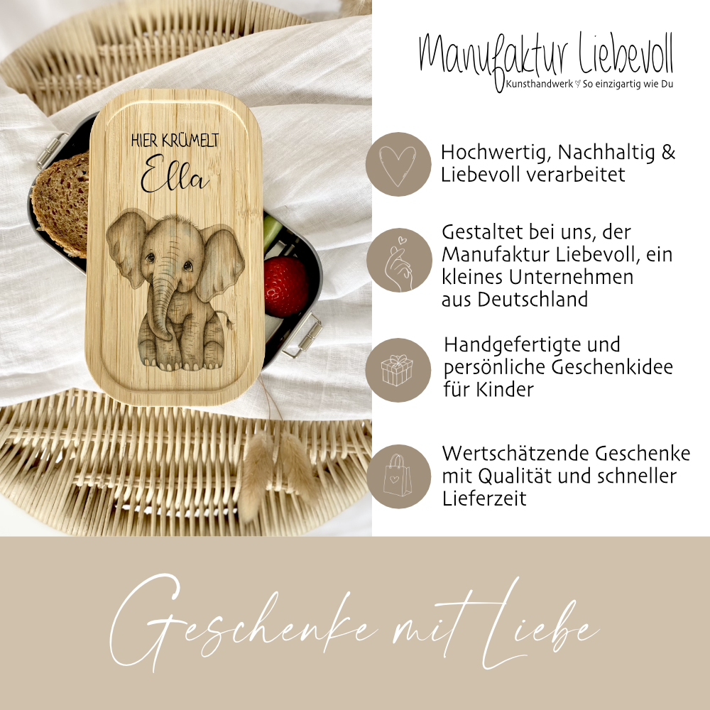 Brotdose "Elefant" wählbar in Edelstahl mit Bambusdeckel und Namen für Kinder | Lunchbox "Elefant" | Personalisiertes Geschenk für Kinder