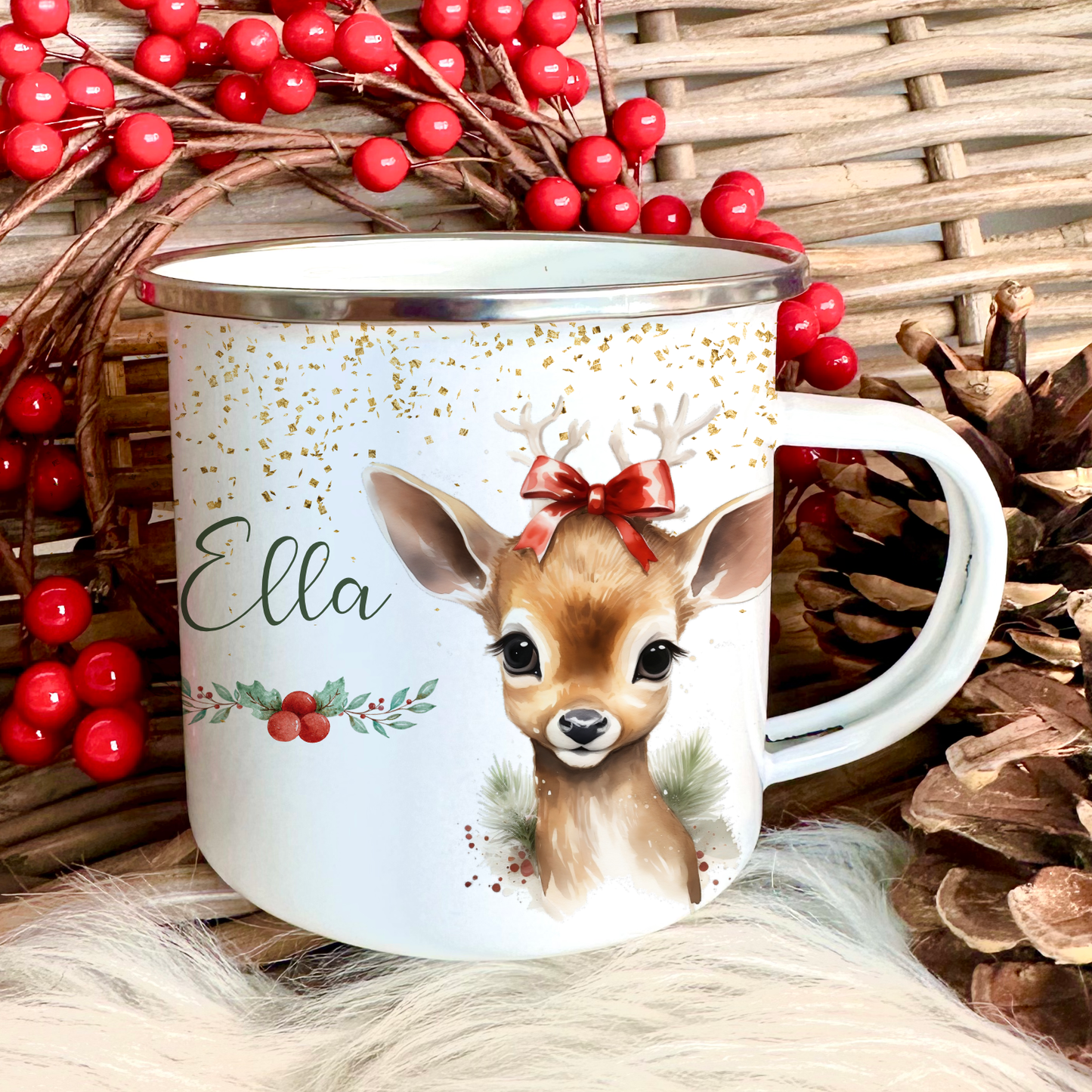 Kinder Tasse Reh mit Namen als Geschenkidee Niklaus Weihnachten