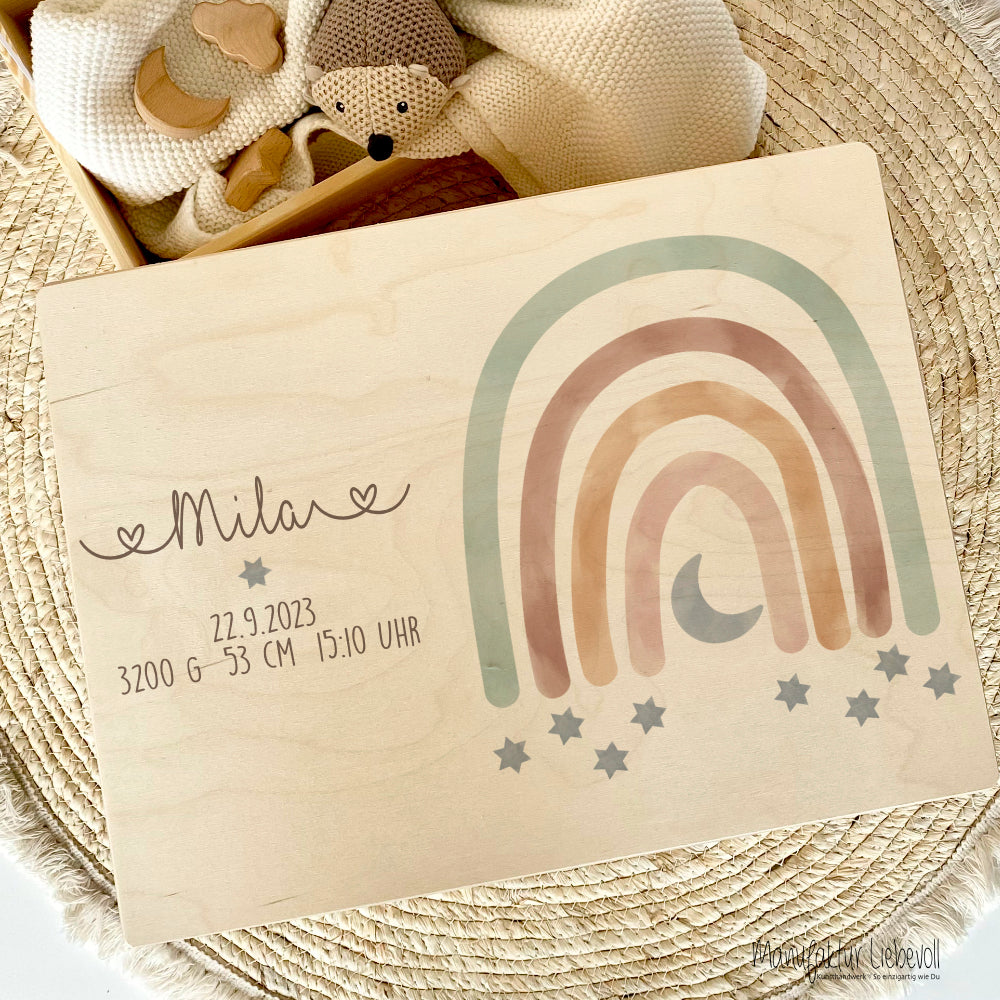 Erinnerungskiste aus Holz mit Motiv Regenbogen, Personalisierte Holzbox