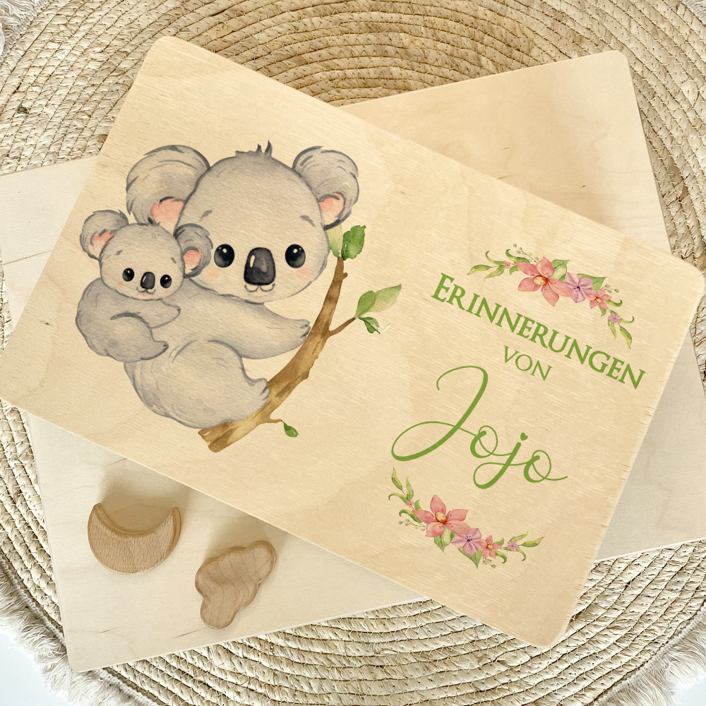 Personalisierte Erinnerungskiste mit Koala Motiv für Babys zur Geburt und Taufe, Babygeschenk mit dem Namen, Holzkiste