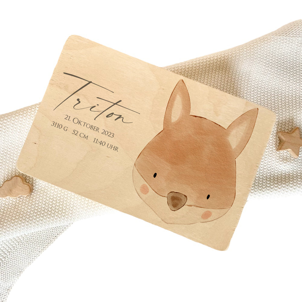 Personalisierte Erinnerungskiste für Babys, Holzbox mit Deckel, Namen u. Geburtsdaten | Motiv: Fuchs