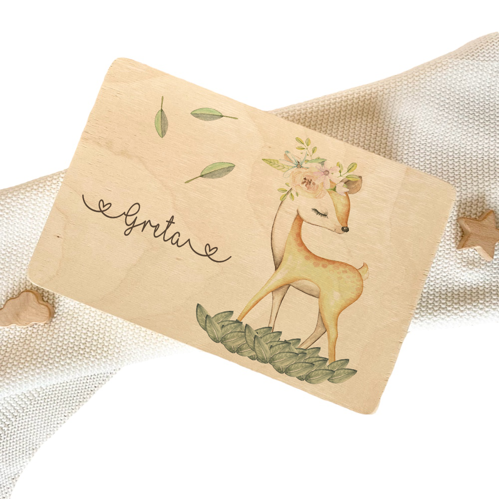 Personalisierte Erinnerungskiste "Rehkitz" als Motiv für Babys zur Geburt und Taufe, Babygeschenk mit dem Namen, Holzkiste