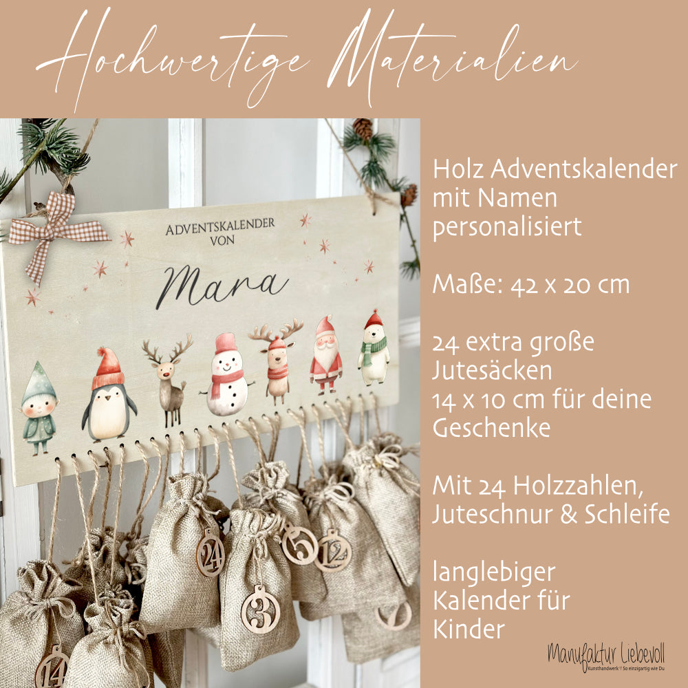 Adventskalender für Kinder Personalisiert mit Namen zum Befüllen mit Weihnachsfiguren aus Holz