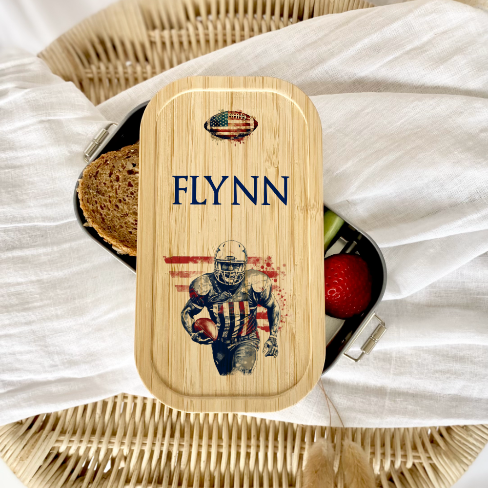 Brotdose "Football" wählbar in Edelstahl mit Bambusdeckel und Namen für Kinder und Teenager | Brotbox mit Footballspieler | Personalisiertes Geschenk für Kinder