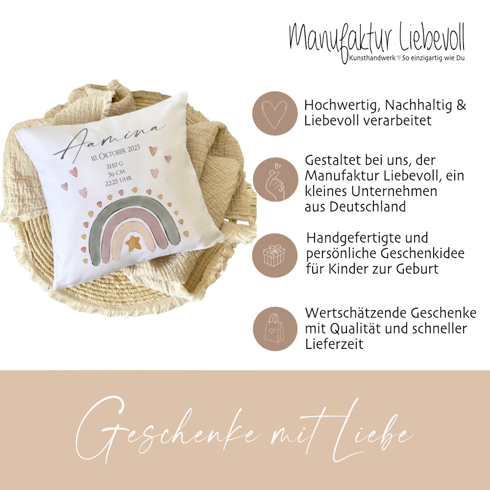 Kissen zur Geburt u. Taufe mit Namen u. Geburtsdaten, Motiv: Regenbogen