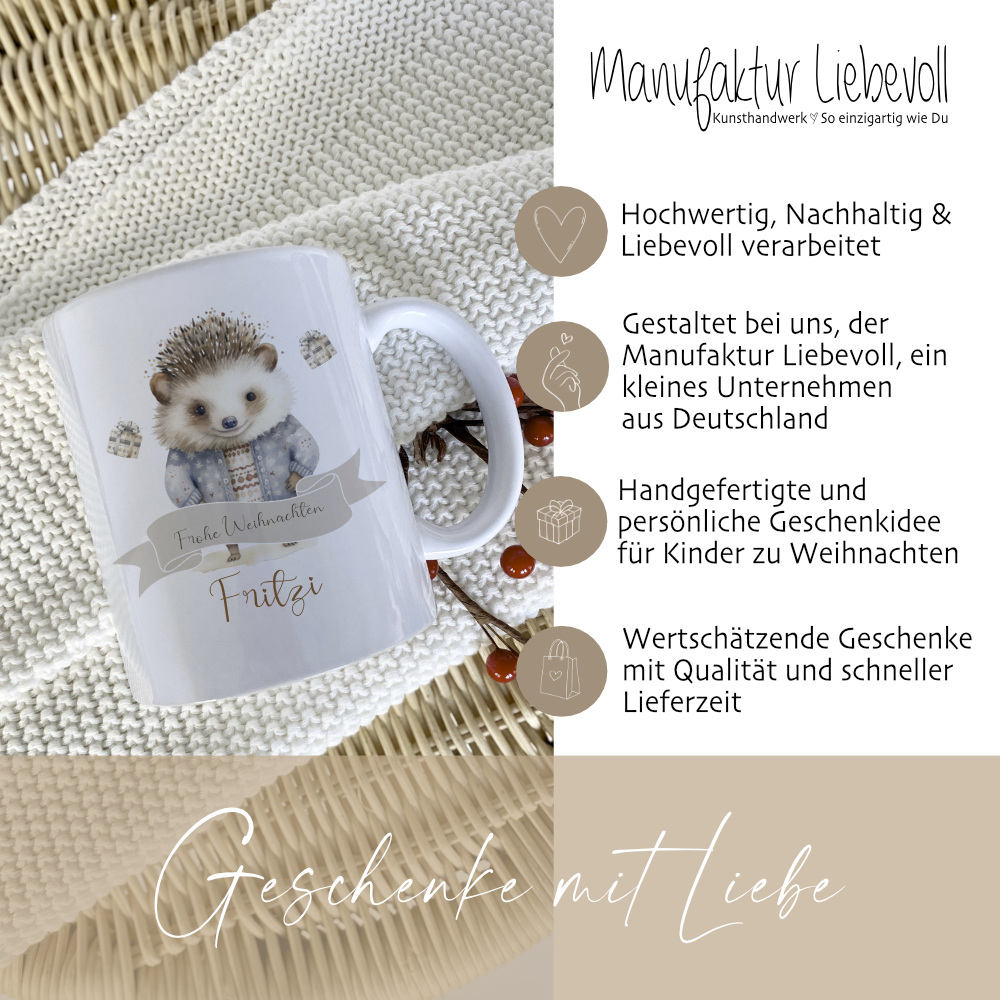 Weihnachtstasse für Kinder, Tasse aus Keramik "Frohe Weihnachten" mit Igel und Namen