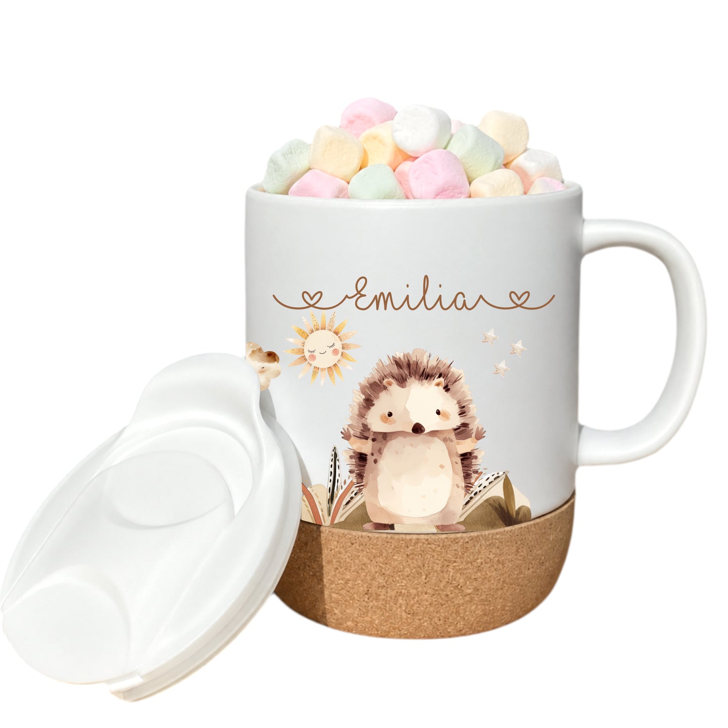 Personalisierte Kindertasse mit Namen – Keramiktasse mit Korkboden & Deckel | 14 Motive zur Auswahl